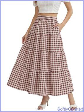 Women's Tiered Maxi Skirt High Waist A-Line with Pockets Flowy Long
